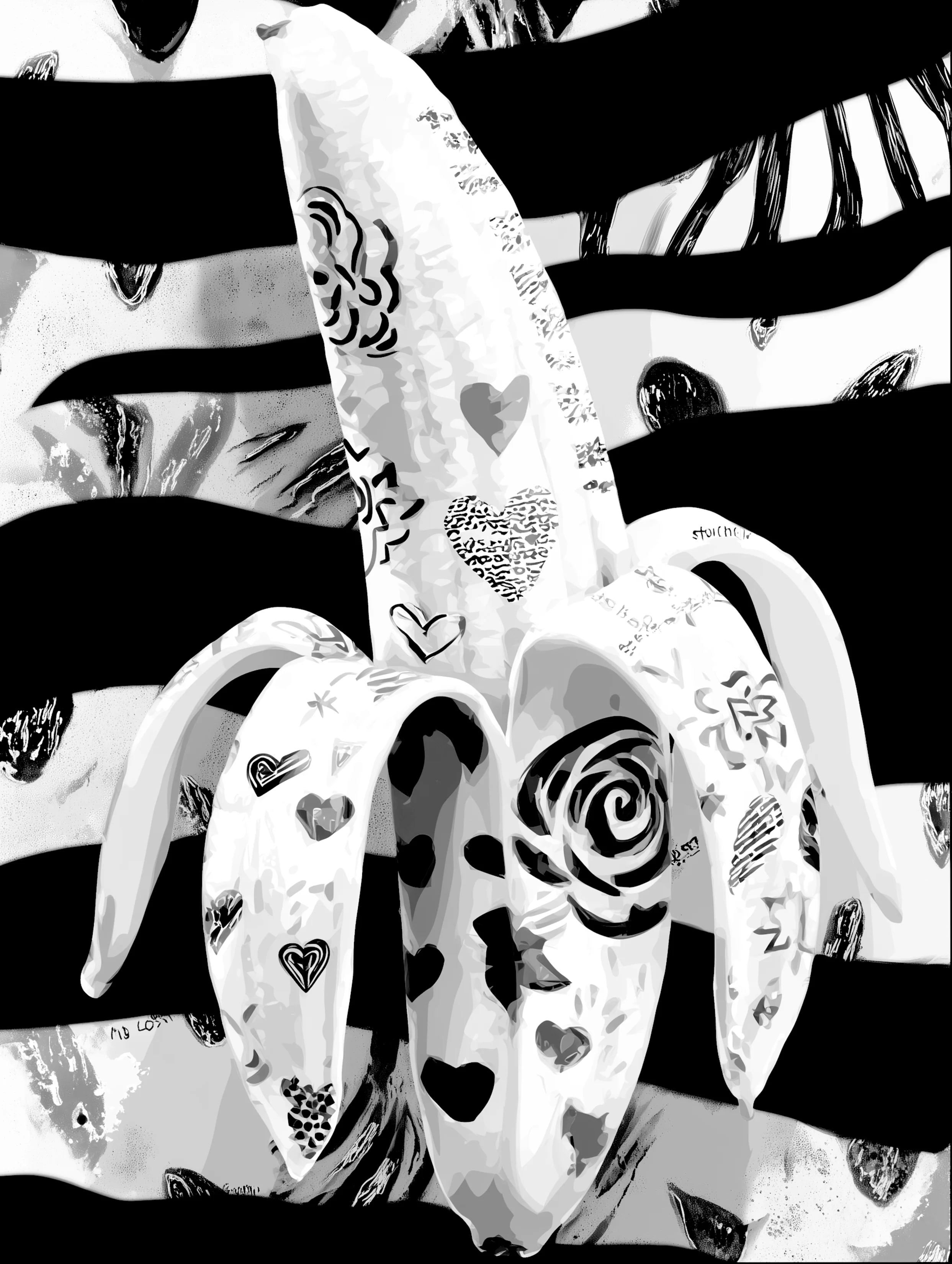 Free printable banana coloring page for adults featuring banana with doodles on it